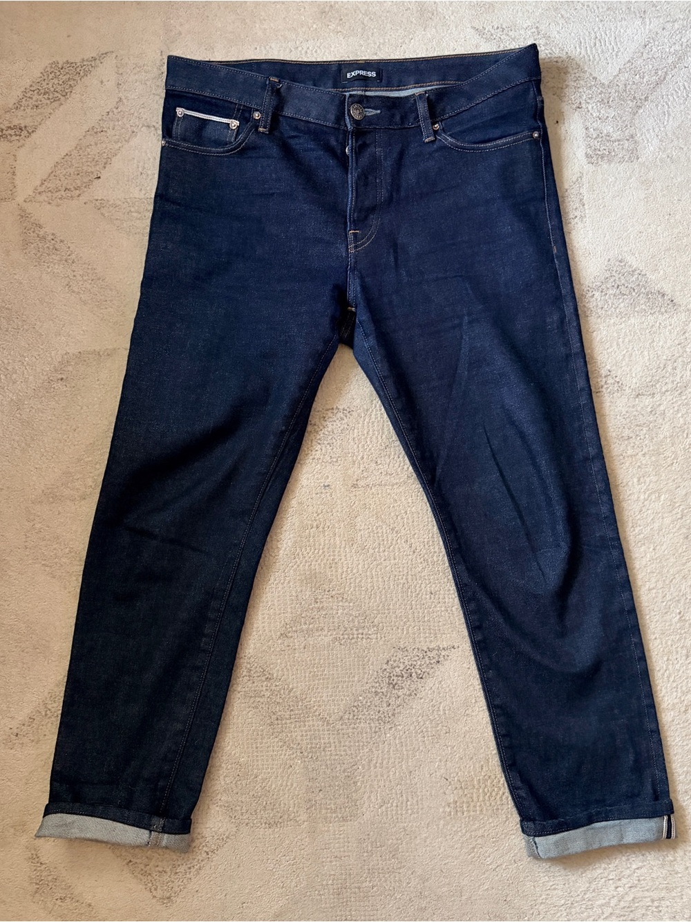 Express Men’s Dark Indigo Slim Straight Selvage Edged Jeans